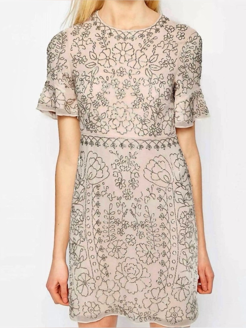 Needle & Thread Beaded Blush Embellished Flutter Sleeve Mini Dress Size 10